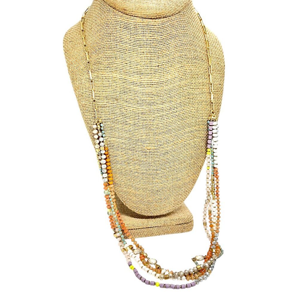 3/$30 ANN TAYLOR LOFT MULTI COLOR BEADED LAYERED NECKLACE GOLD TONE CHAIN PASTEL